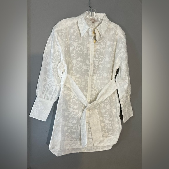 Secret Mission White Embroidered Mini Shirt Dress Belted Size Small - Picture 3 of 7